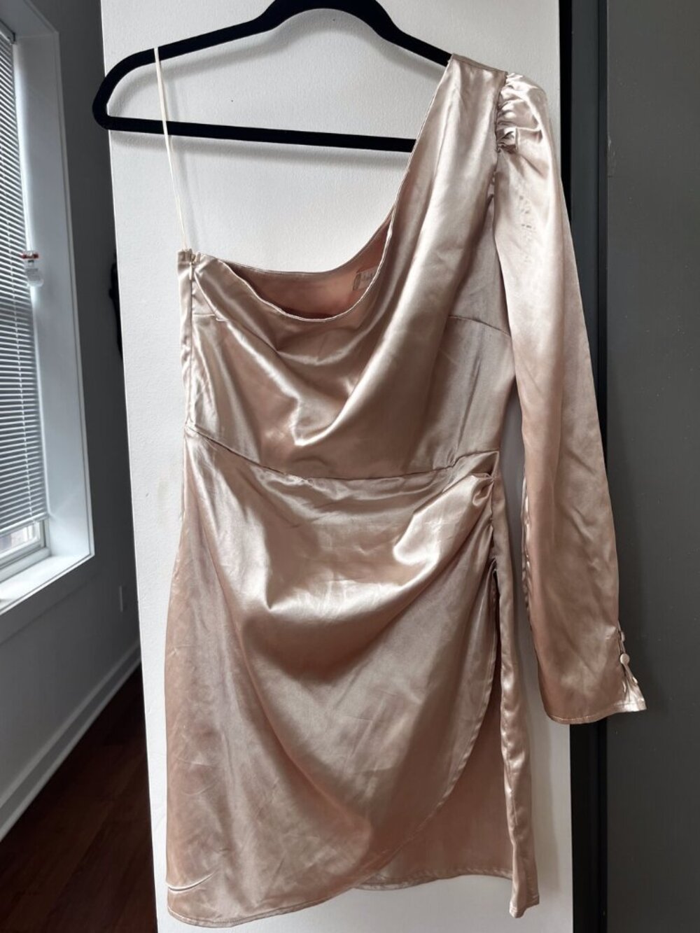 Altar'd State Champagne Satin One Shoulder Long Sleeve Mini Dress Cocktail M